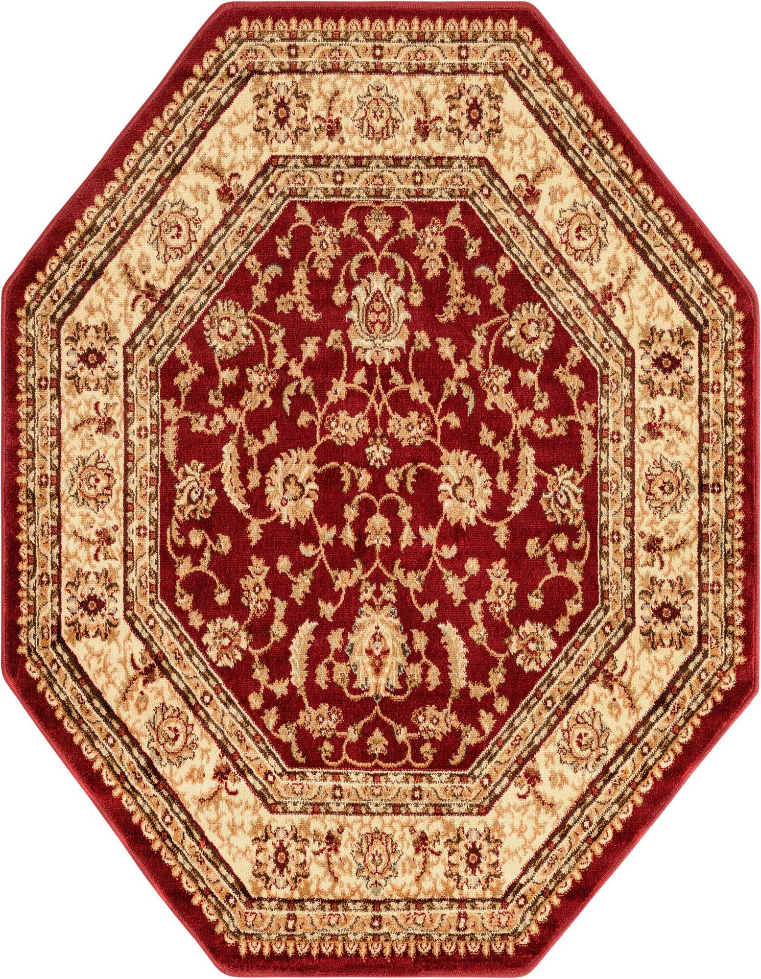 A 5'3" x 5'3" octagon Aditi rug in deep red with a cream-colored traditional floral and oriental pattern.