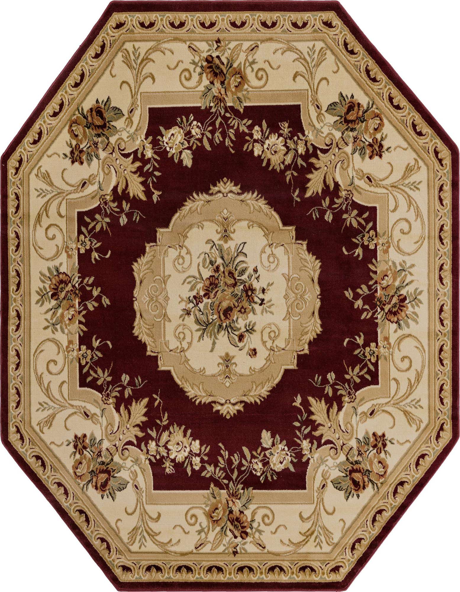 An octagon-shaped area rug featuring a rich red field with a cream and gold traditional botanical medallion pattern.