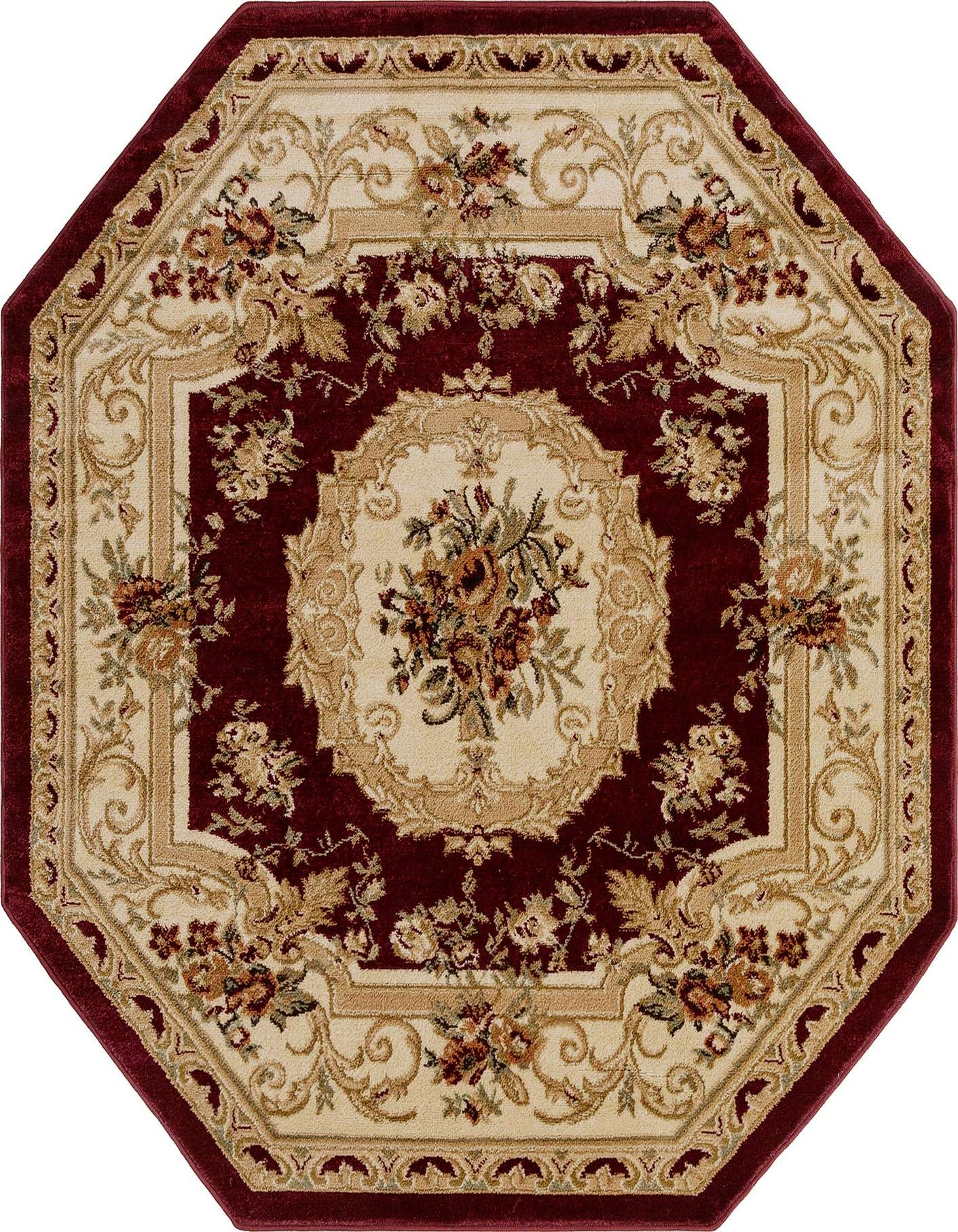 An octagon-shaped Rugs.com Chateau rug, 5' 3 x 5' 3, featuring a traditional red and cream floral medallion pattern.