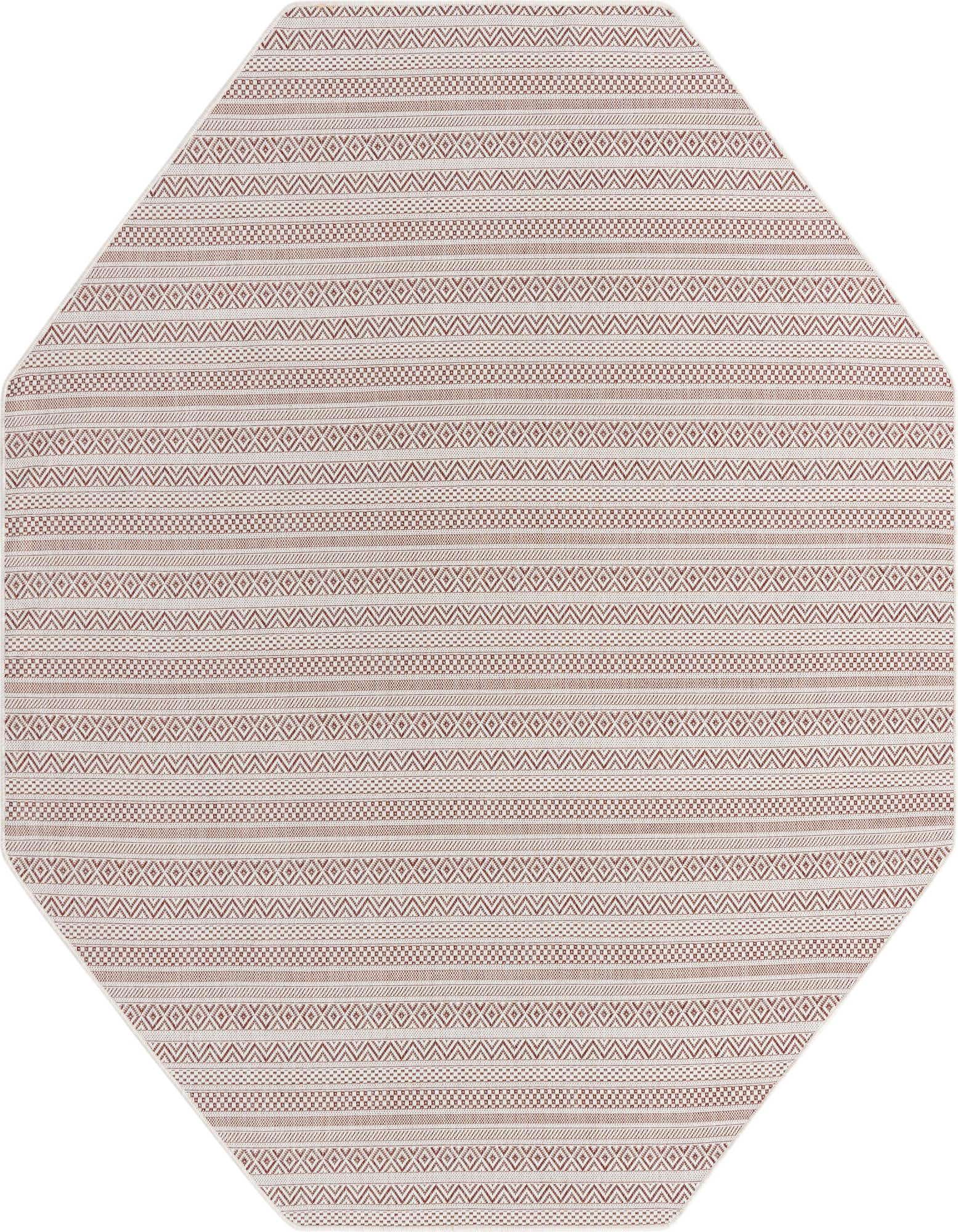 7' 10 x 7' 10 octagon red and white tribal pattern rug, suitable for indoor/outdoor use.