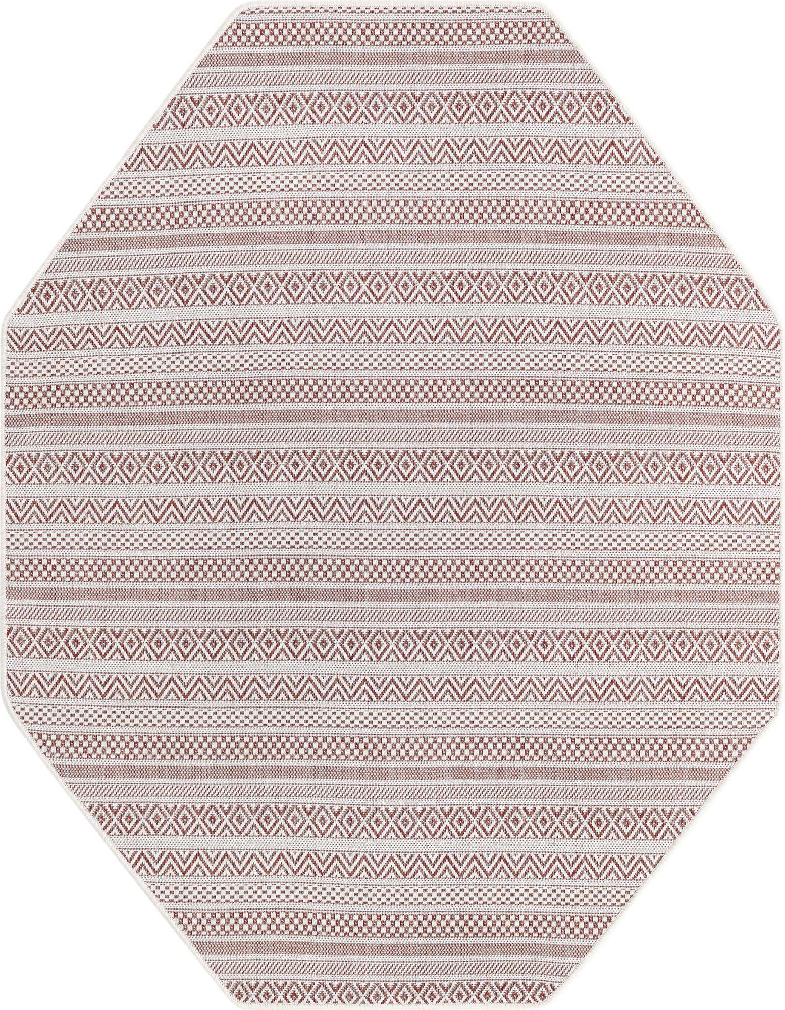 An octagon-shaped indoor/outdoor rug featuring a red and white tribal striped pattern, ideal for a patio.