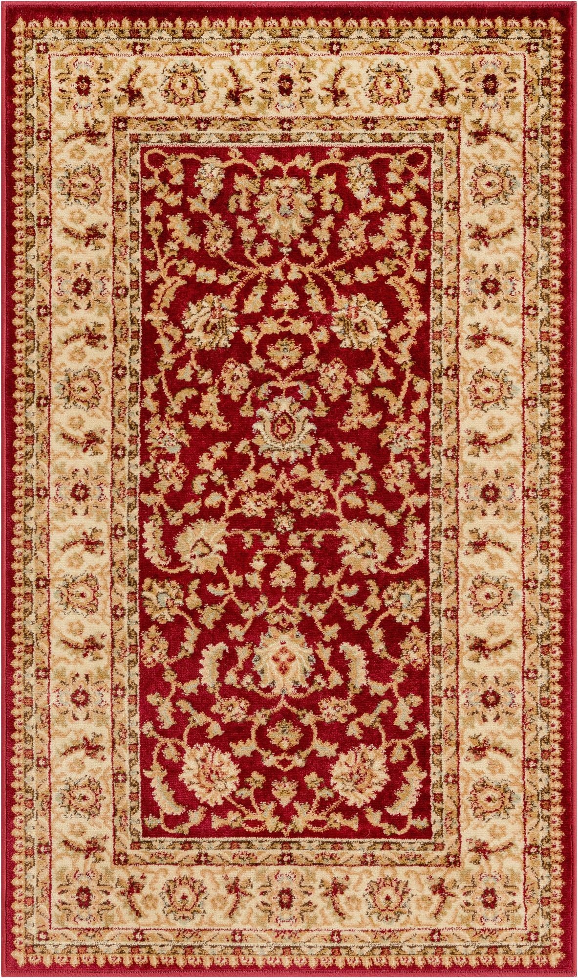 A 3x5 rectangular Aditi rug in deep red with a cream and gold traditional floral and oriental pattern, ideal for a kitchen or entryway.