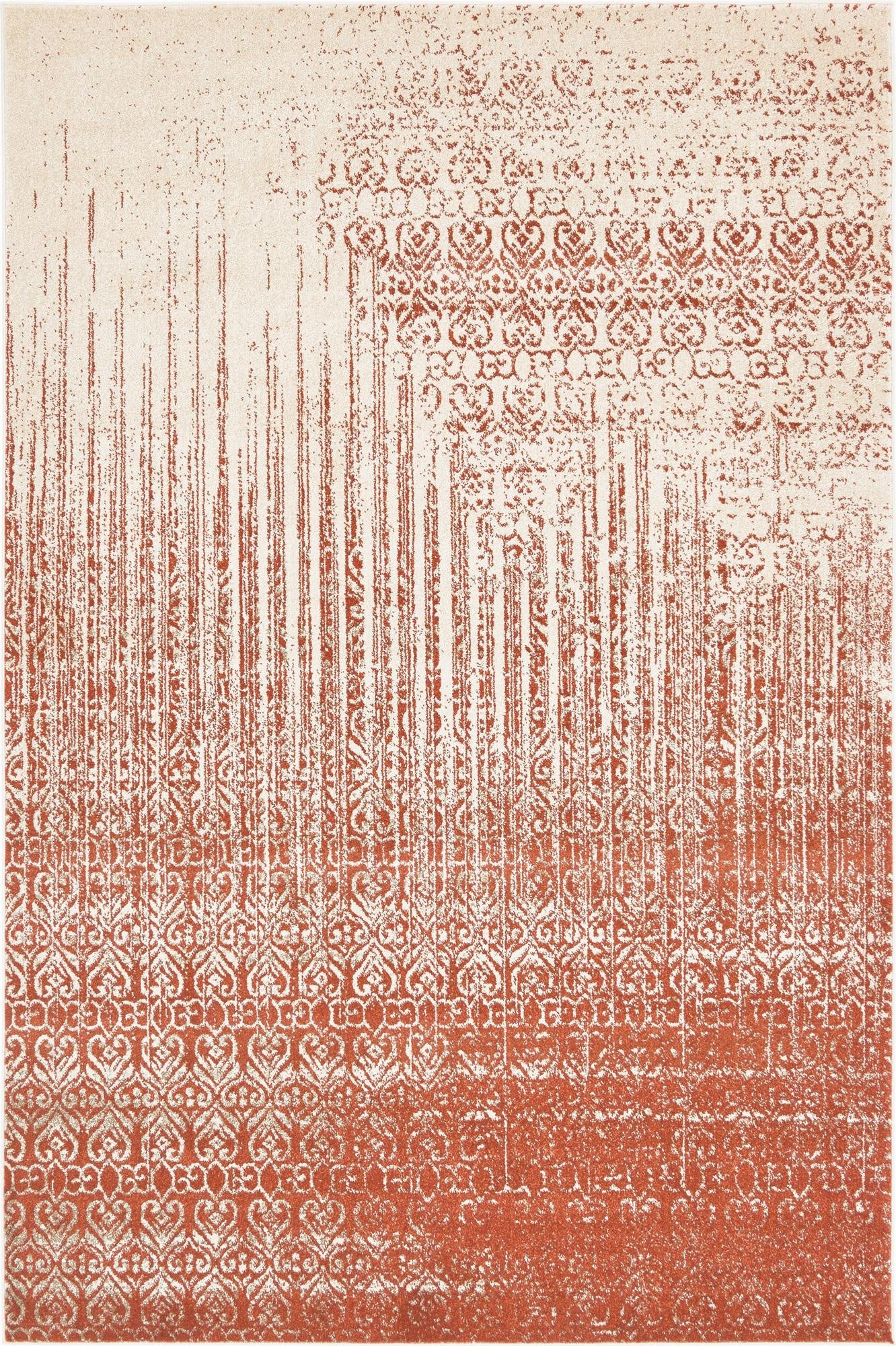 A 6x9 rectangular Rugs.com Angelica rug featuring a distressed red and cream abstract pattern with vertical lines and traditional motifs.