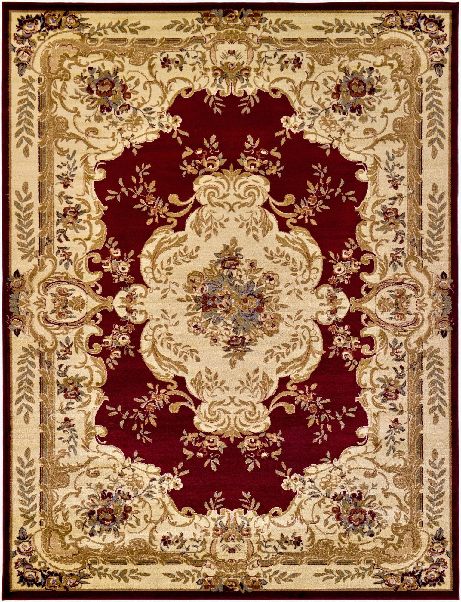 A 9x12 rectangular traditional rug with a deep red field and an ornate cream, gold, and multi-color floral medallion pattern.