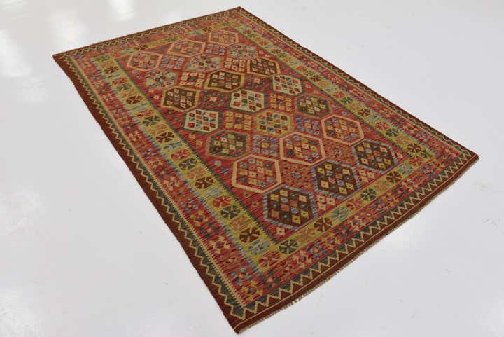 4' 8 x 6' 10 Hand Woven Kilim Maymana Wool Rug