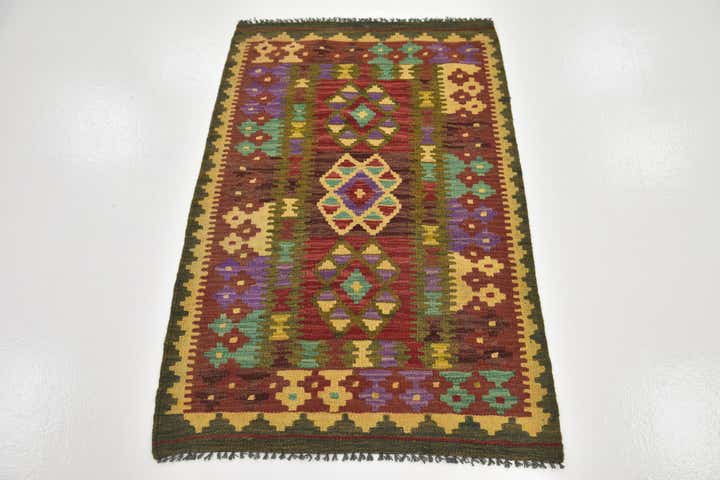 2' 9 x 4' 2 Hand Woven Kilim Maymana Wool Rug