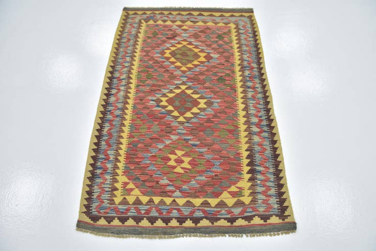 Detail image of 3' 2 x 4' 10 Hand Woven Kilim Maymana Wool Rug