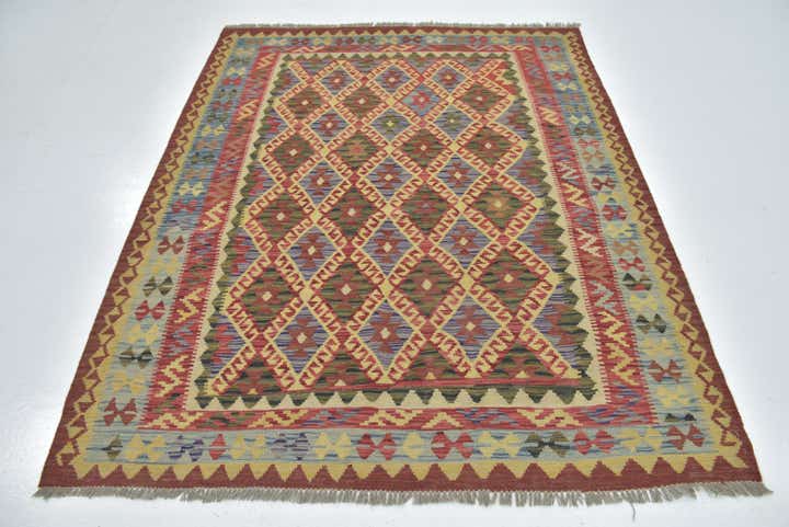 5' 2 x 6' 4 Hand Woven Kilim Maymana Wool Rug
