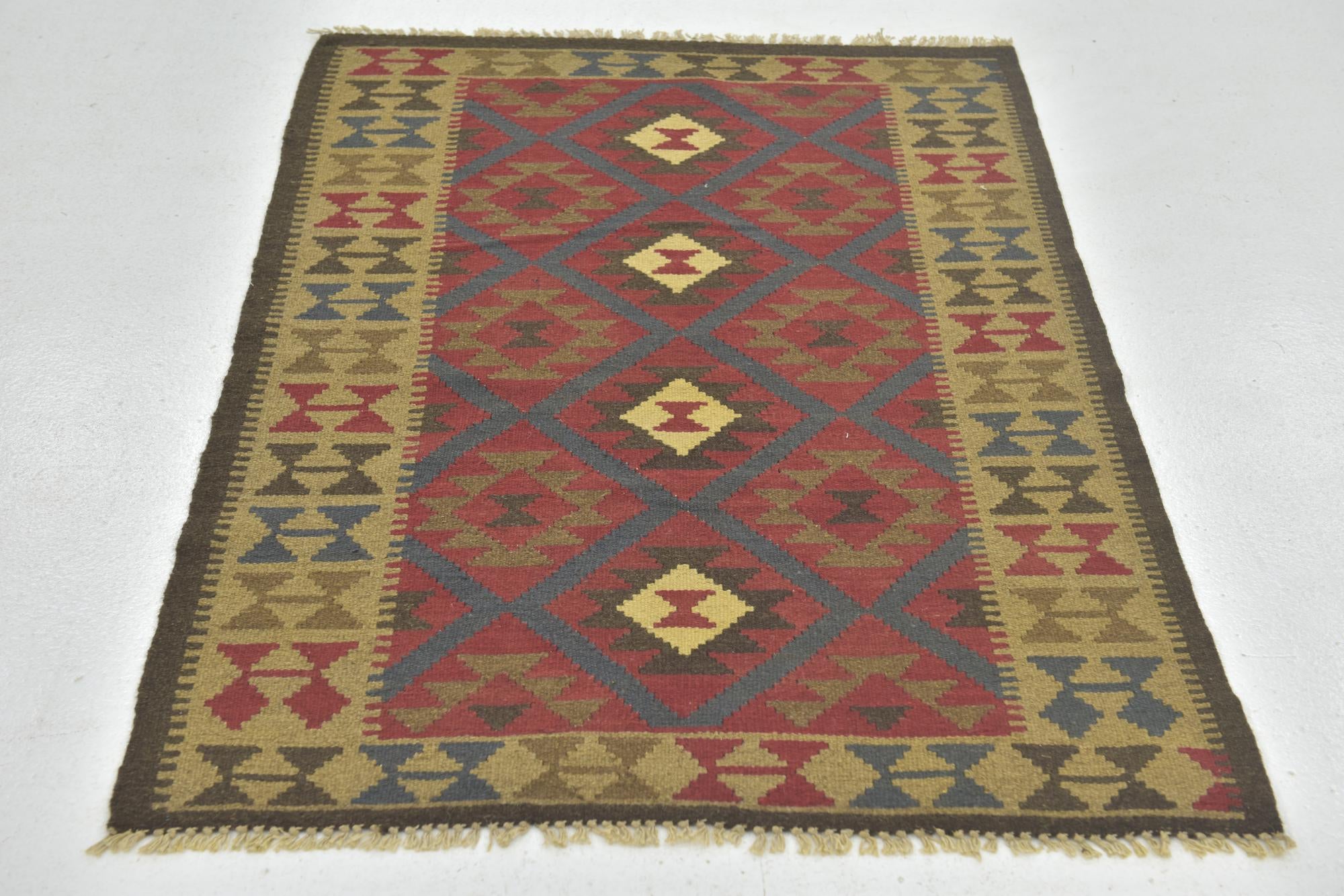 3' 4 x 4' 10 Hand Woven Kilim Maymana Wool Rug