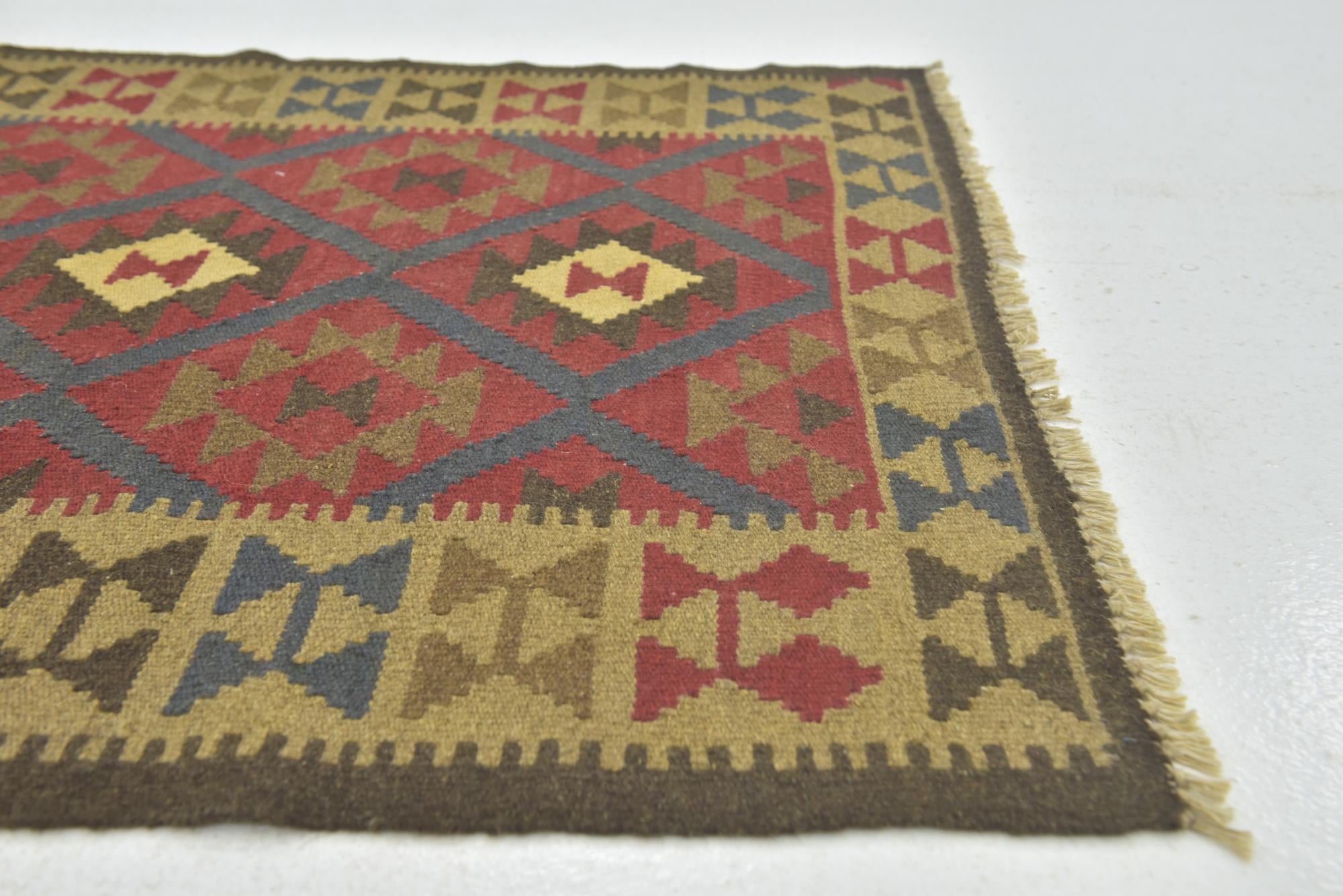 3' 4 x 4' 10 Hand Woven Kilim Maymana Wool Rug