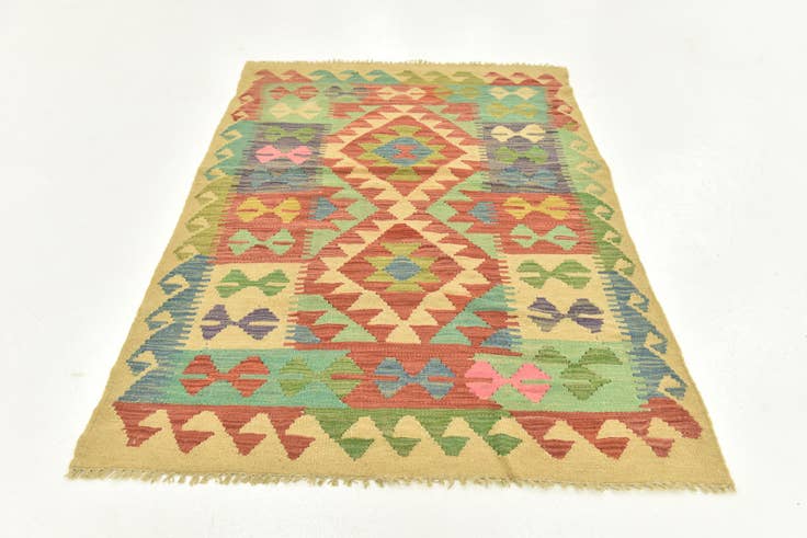 Detail image of 3' 2 x 4' 9 Hand Woven Kilim Maymana Wool Rug