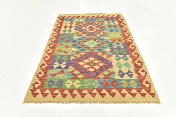 Detail image of 3' 2 x 4' 10 Hand Woven Kilim Maymana Wool Rug