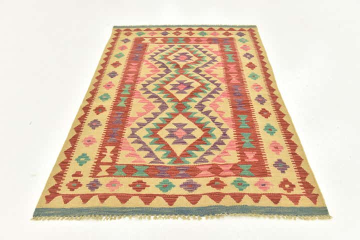 3' 4 x 4' 10 Hand Woven Kilim Maymana Wool Rug