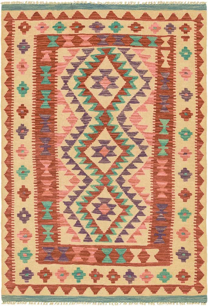 3' 4 x 4' 10 Hand Woven Kilim Maymana Wool Rug