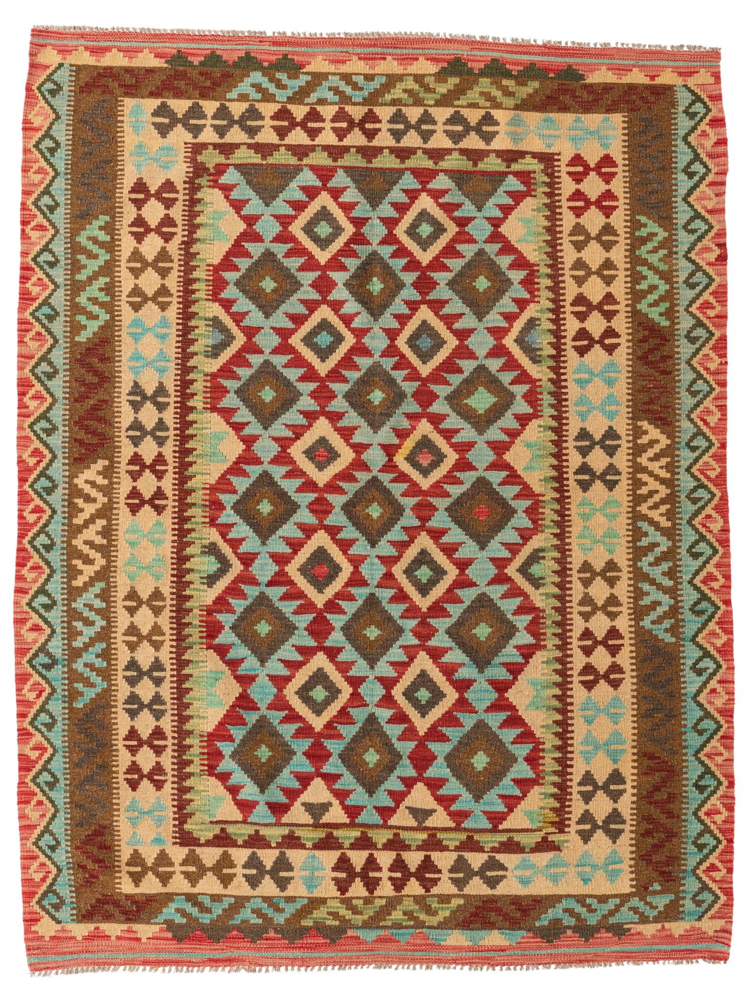 5' 2 x 6' 9 Hand Woven Kilim Maymana Wool Rug