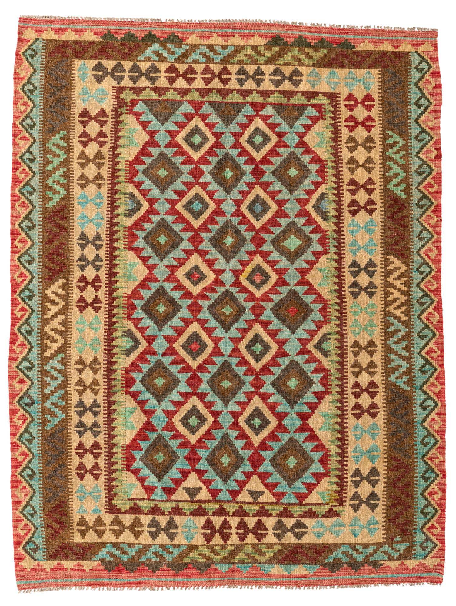 5' 2 x 6' 9 Hand Woven Kilim Maymana Wool Rug
