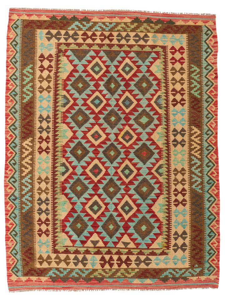 5' 2 x 6' 9 Hand Woven Kilim Maymana Wool Rug