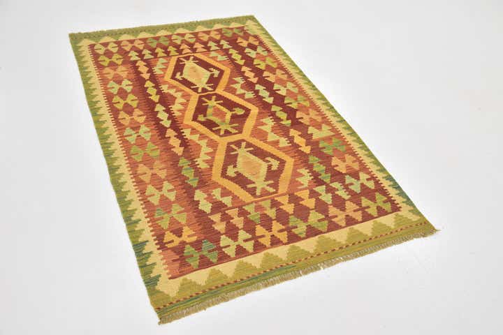 3' 2 x 4' 10 Hand Woven Kilim Waziri Wool Rug