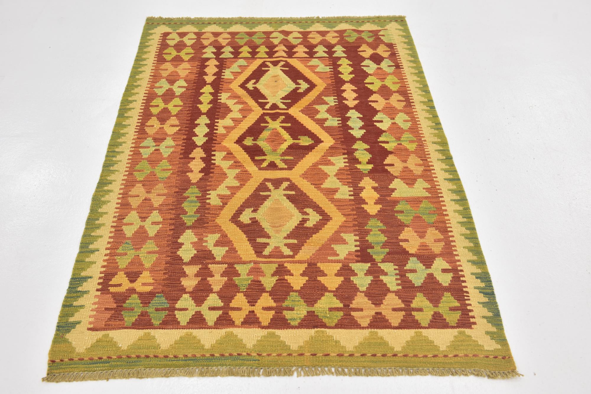 3' 2 x 4' 10 Hand Woven Kilim Waziri Wool Rug
