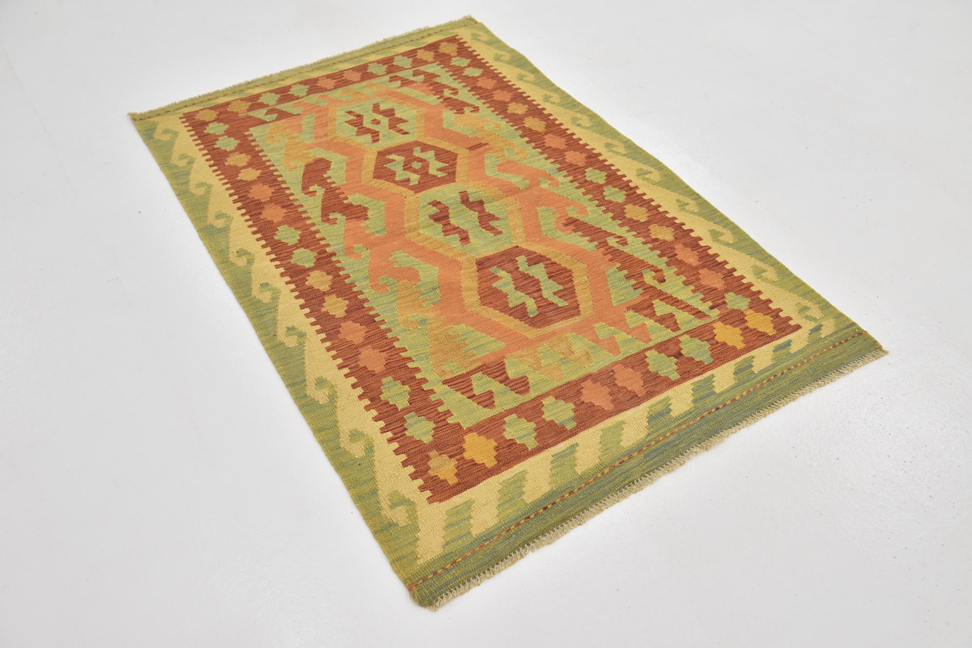 3' 2 x 4' 10 Hand Woven Kilim Waziri Wool Rug