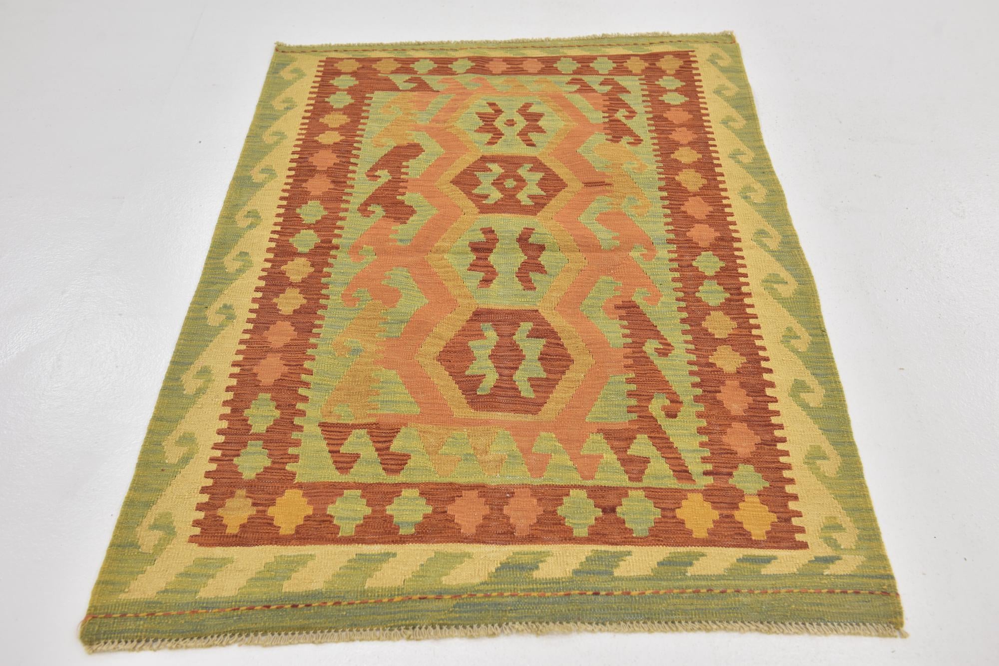 3' 2 x 4' 10 Hand Woven Kilim Waziri Wool Rug