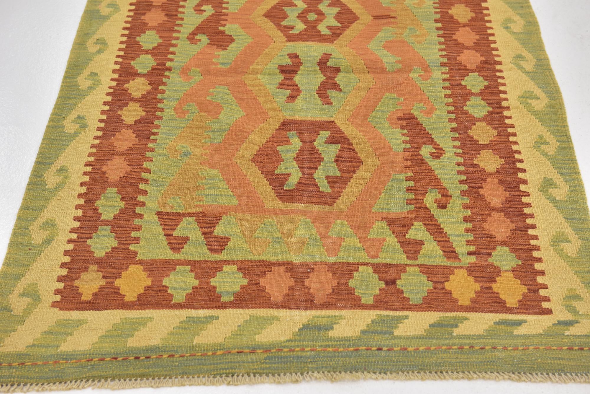 3' 2 x 4' 10 Hand Woven Kilim Waziri Wool Rug