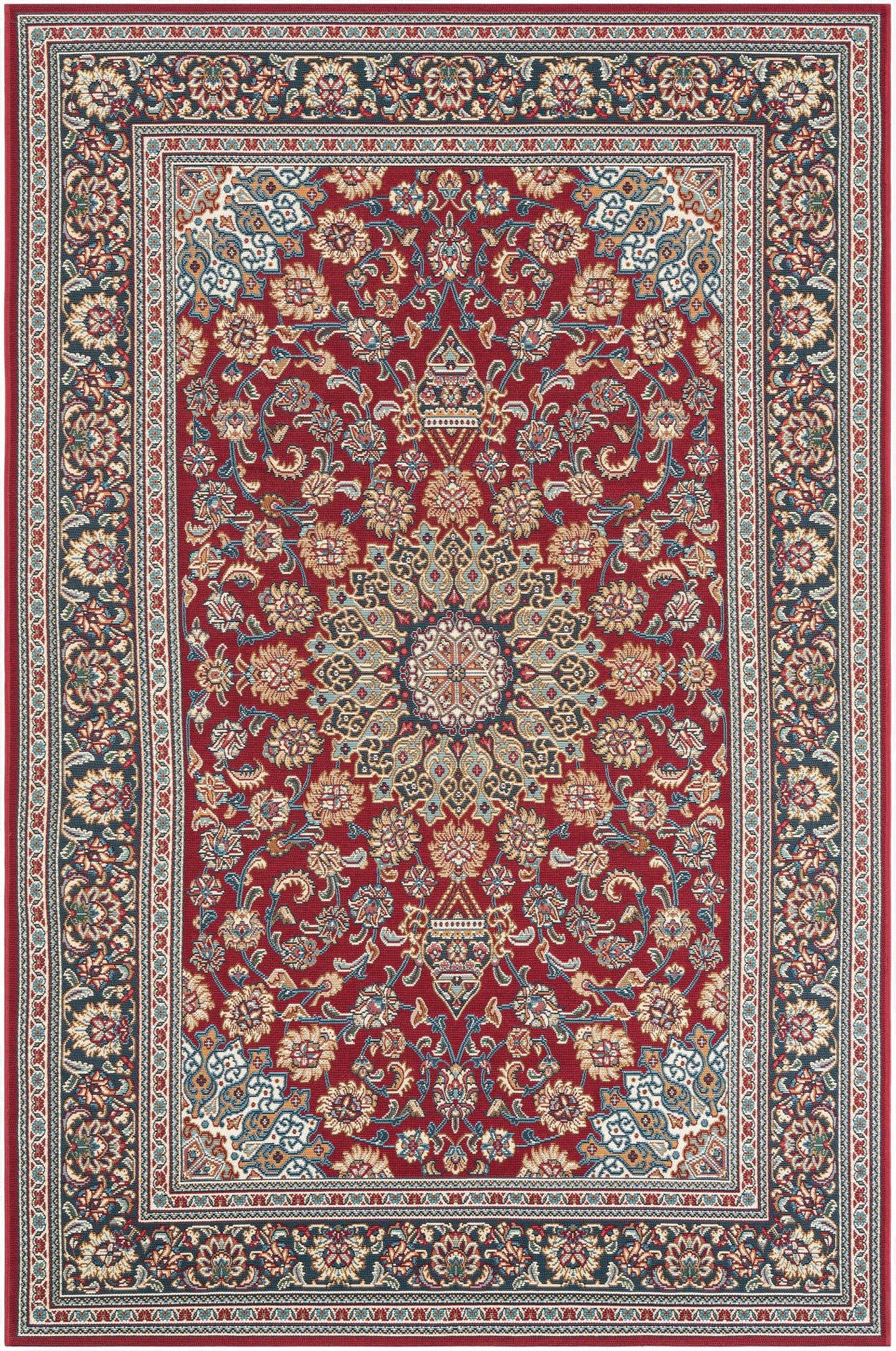 A 5x8 rectangular red Oriental rug with a central medallion and intricate floral patterns, ideal for indoor or outdoor spaces.