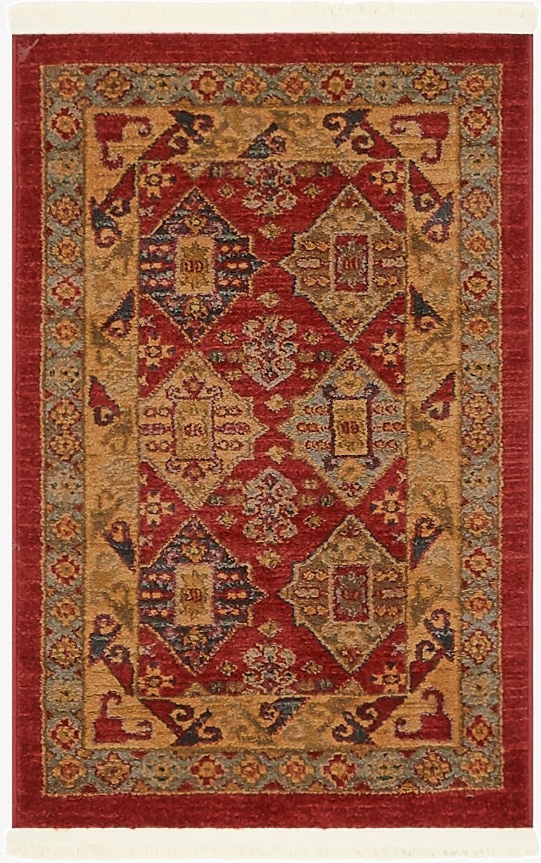 A 2x3 rectangular Rugs.com Sara rug featuring a traditional red and gold tribal pattern with floral motifs and a medium pile.