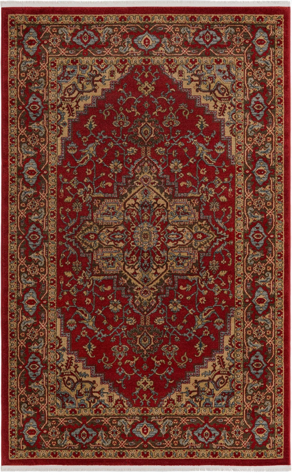 A 5x8 rectangular Sara Collection rug by Rugs.com with a traditional medallion pattern in reds, gold, and blue.