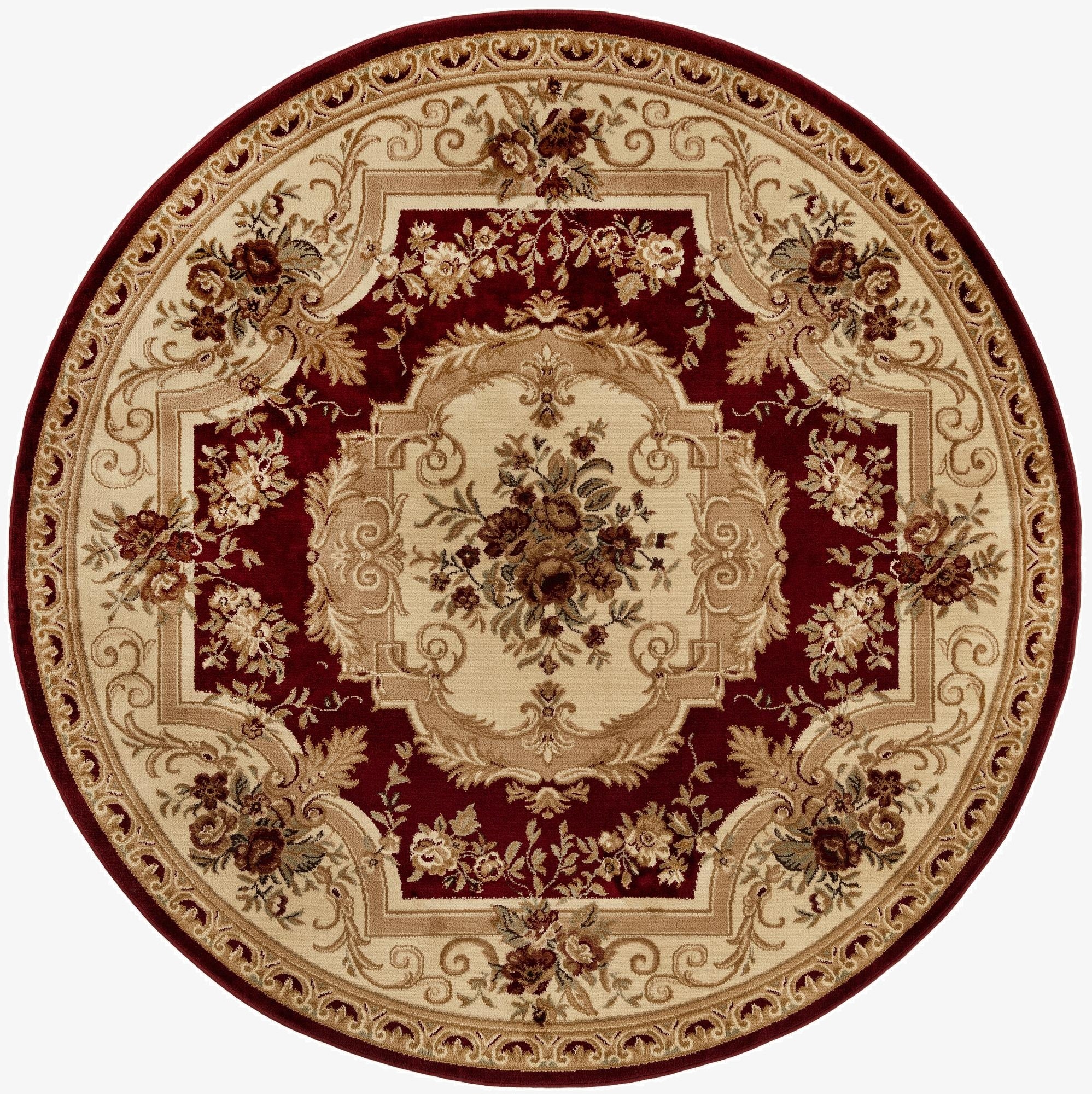 A 7' round red traditional rug with a cream medallion and intricate floral patterns, ideal for an indoor patio.