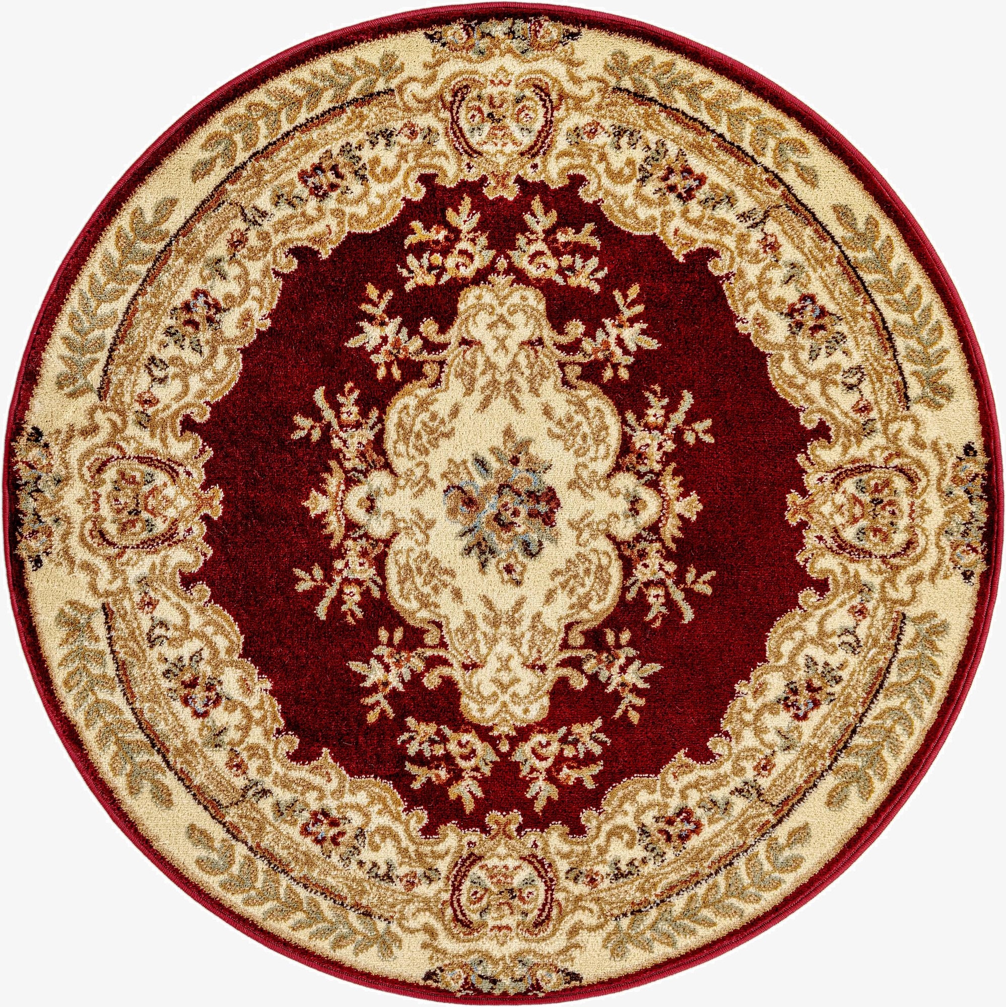 A 4' round traditional Chateau rug in deep red with an ornate cream and gold medallion pattern.