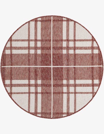Red Easy-Clean Checkered Indoor / Outdoor Round Rug