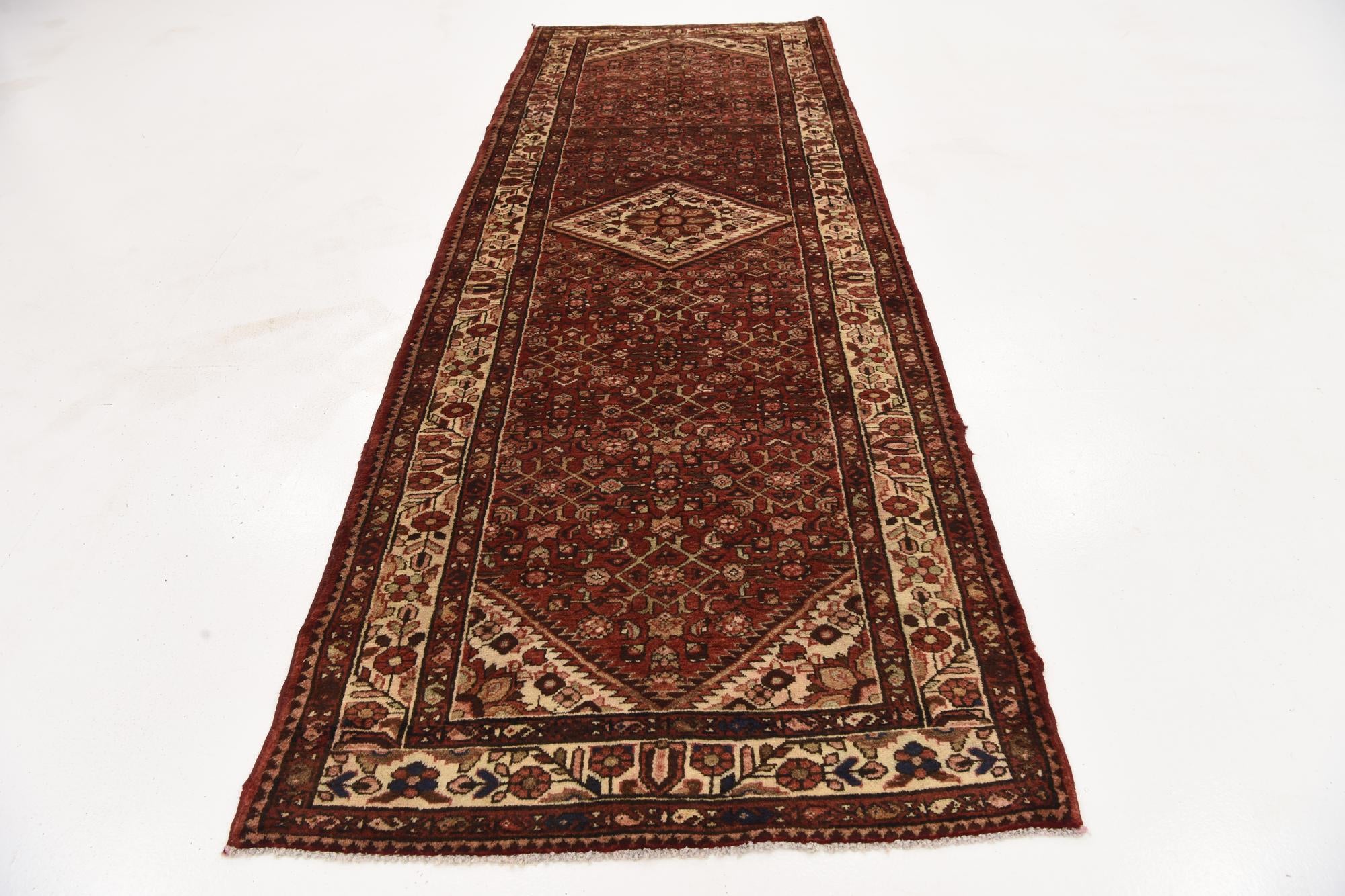 115cm x 315cm Hand Knotted Hossainabad Persian Wool Runner Rug