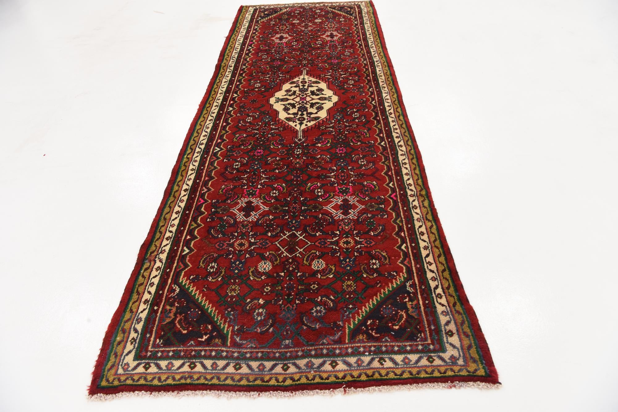 3' 5 x 9' 8 Hand Knotted Hossainabad Persian Wool Runner Rug