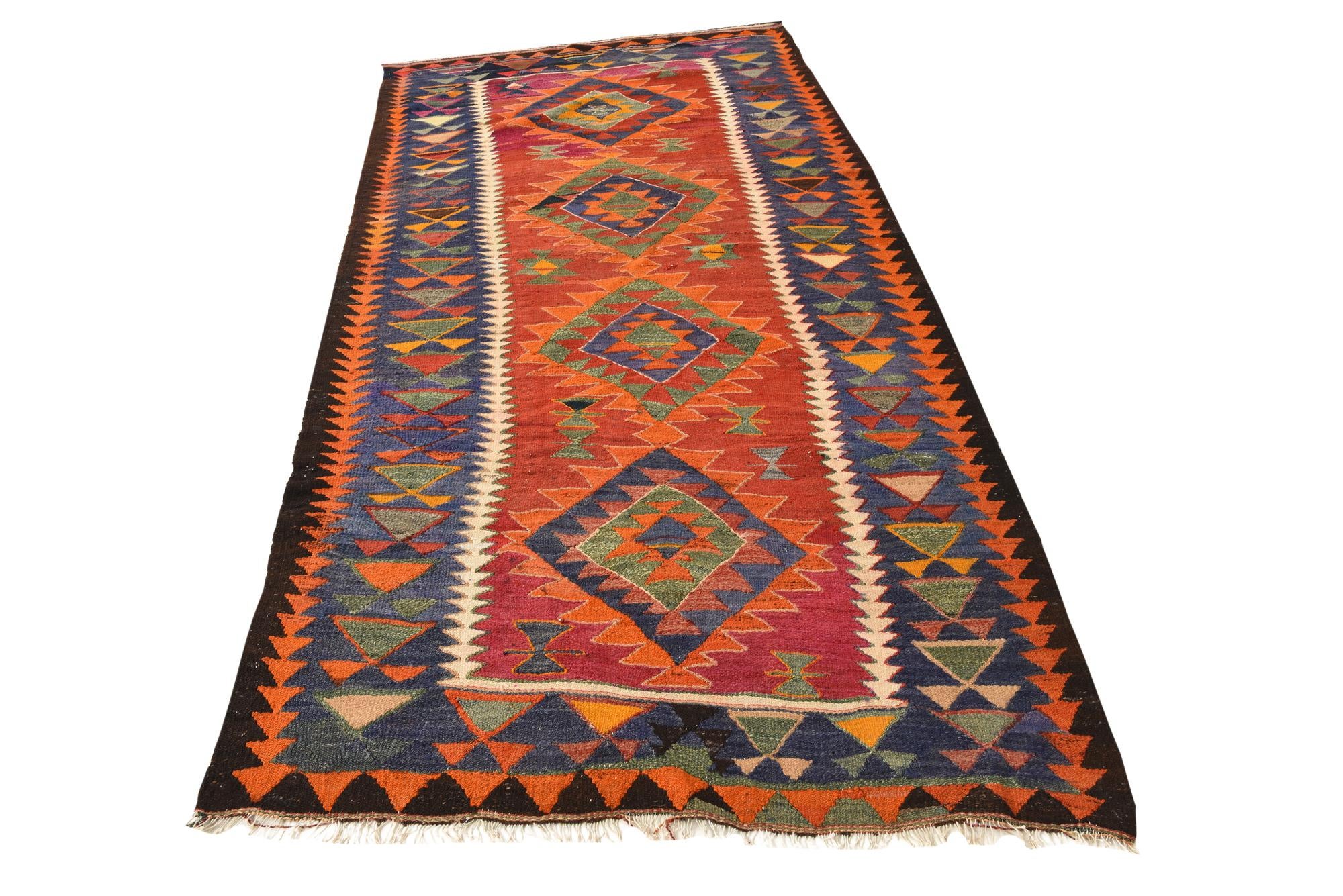 4' 3 x 9' 4 Hand Woven Kilim Fars Wool Runner Rug
