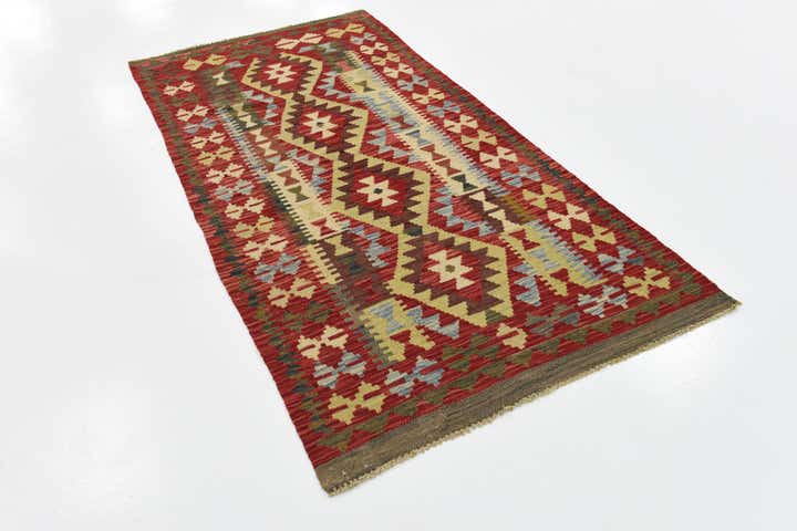 3' 4 x 6' 6 Hand Woven Kilim Maymana Wool Runner Rug