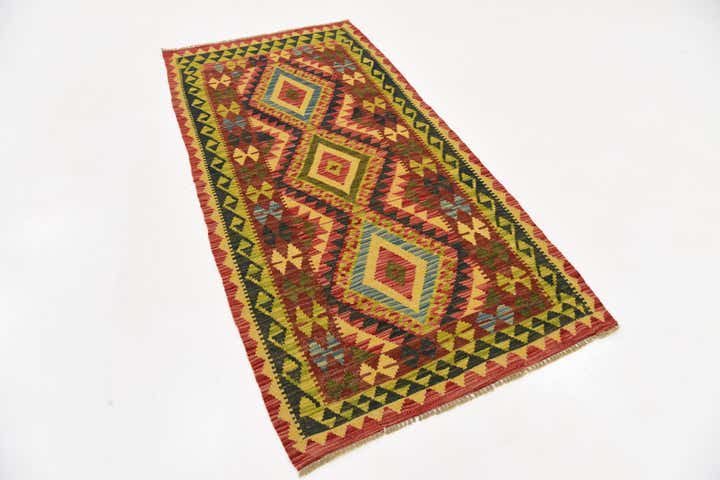 3' 2 x 6' 4 Hand Woven Kilim Maymana Wool Runner Rug