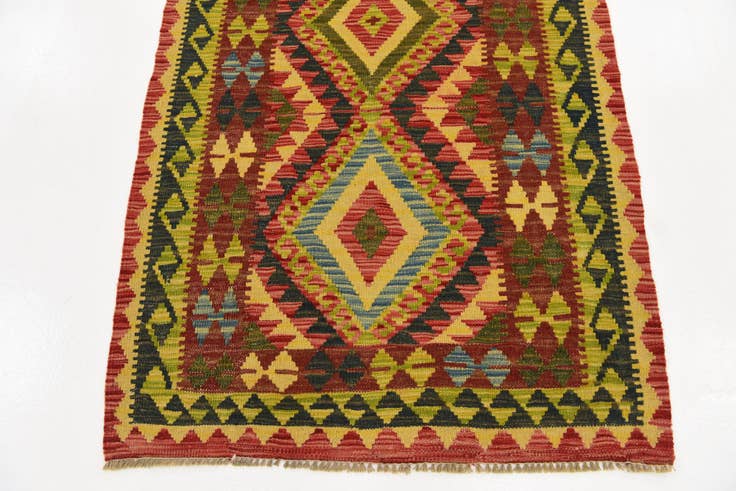 Detail image of 3' 2 x 6' 4 Hand Woven Kilim Maymana Wool Runner Rug