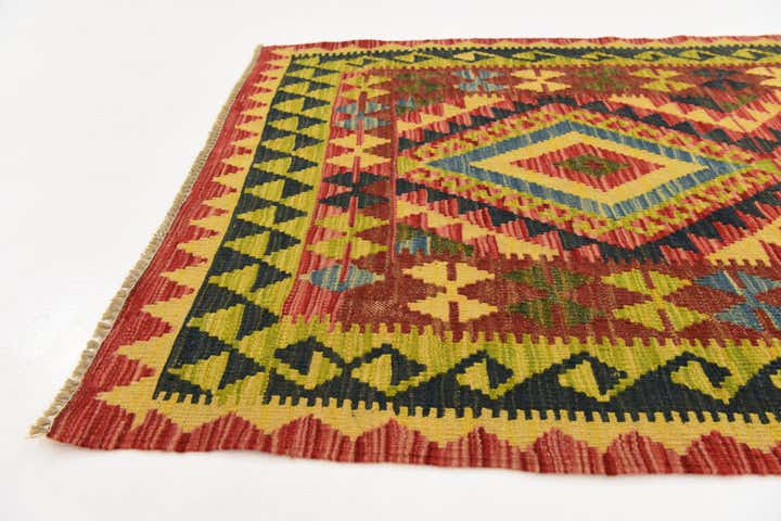 3' 2 x 6' 4 Hand Woven Kilim Maymana Wool Runner Rug