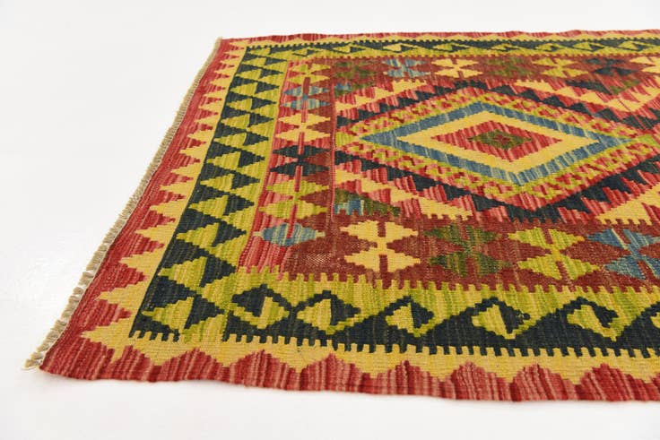Detail image of 3' 2 x 6' 4 Hand Woven Kilim Maymana Wool Runner Rug