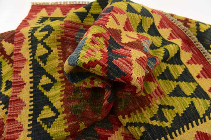 3' 2 x 6' 4 Hand Woven Kilim Maymana Wool Runner Rug