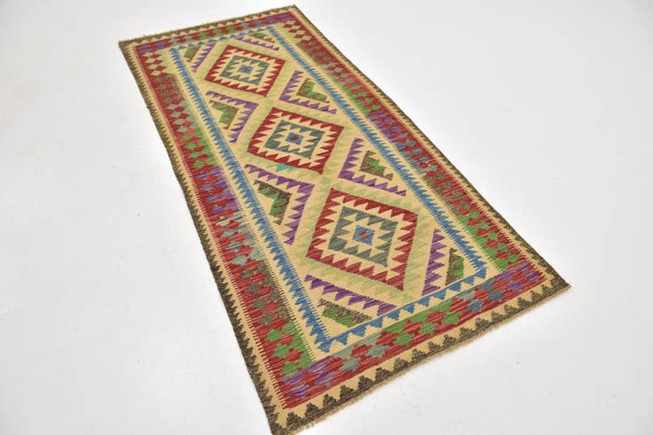 Detail image of 3' 2 x 6' 6 Hand Woven Kilim Maymana Wool Runner Rug