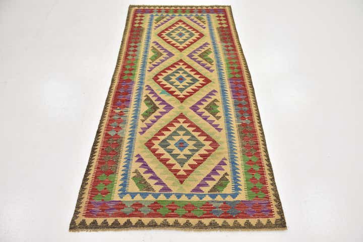 3' 2 x 6' 6 Hand Woven Kilim Maymana Wool Runner Rug