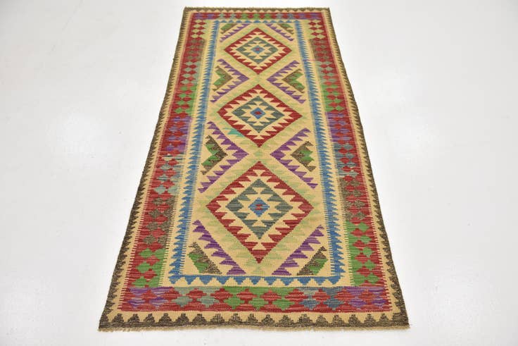 Detail image of 3' 2 x 6' 6 Hand Woven Kilim Maymana Wool Runner Rug