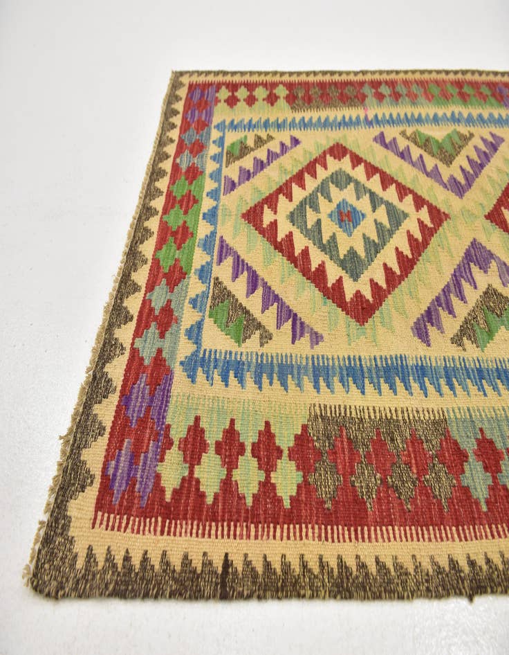 Detail image of 3' 2 x 6' 6  Hand Woven Kilim Maymana Wool Runner Rug