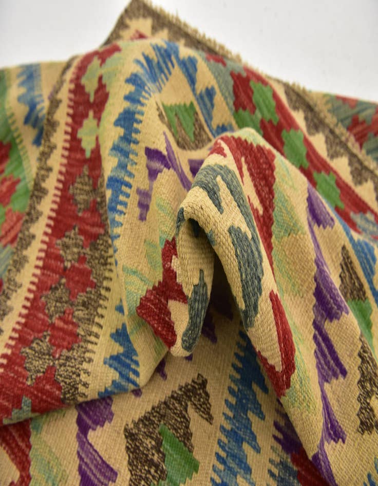 Detail image of 3' 2 x 6' 6  Hand Woven Kilim Maymana Wool Runner Rug