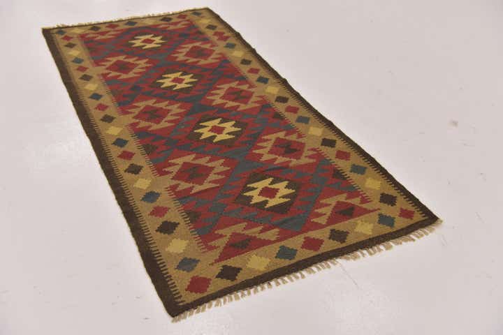 3' 3 x 6' 5 Hand Woven Kilim Maymana Wool Runner Rug