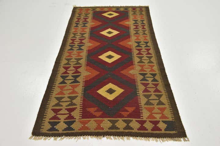 3' 2 x 6' 6 Hand Woven Kilim Maymana Wool Runner Rug
