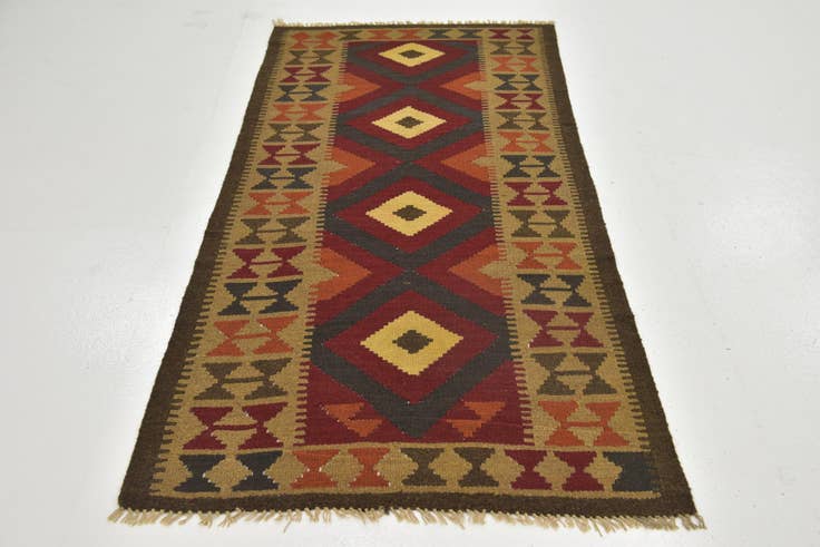 Detail image of 3' 2 x 6' 6 Hand Woven Kilim Maymana Wool Runner Rug