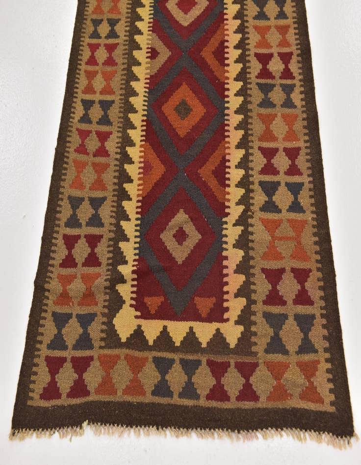 Detail image of 3' 2 x 6' 7  Hand Woven Kilim Maymana Wool Runner Rug